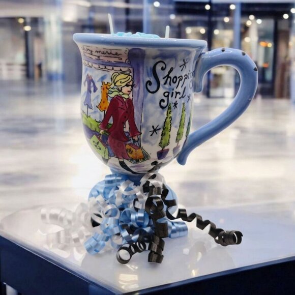 Hand-Poured Soy Candle ✦ Jennifer Brinley Shopping Girl Mug ✦ Blue Flower Topper - Picture 3 of 11